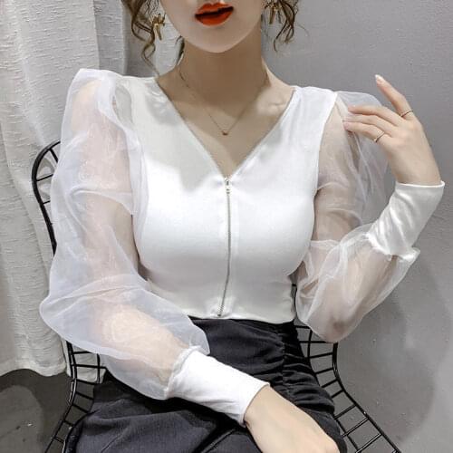 Cotton T-shirt Women Spring 2021 Puff Long Sleeve Plus Size Casual Tees Lace Female Tshirts Sexy Girls Harajuku Streetwear 208
