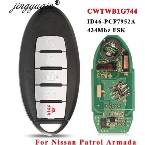 Jingyuqin Fit for Nissan PATROL Pathfinder Altima Maxima 5 Buttons Smart Remote Key Fob 434Mhz ID46 Pcf7952 Chip