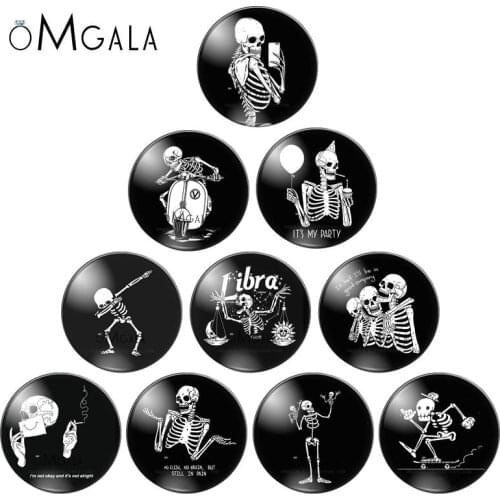 Fashion Black White Color Cartoon Skull 10pcs 12mm/18mm/20mm/25mm Round photo glass cabochon demo flat back Making findings
