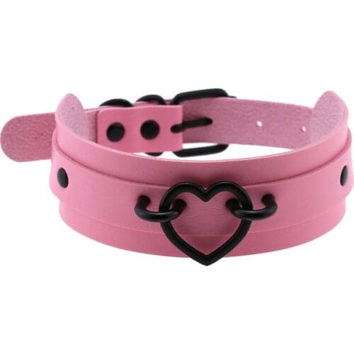 2021 Fashion Handmade Boho Pink Heart Metal Choker Punk Leather Collar Rock Gothic Necklace Bondage Nightclub Jewelry
