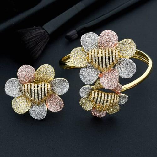 ModemAngel Sun Flowers Full Micro Paved Cubic Zircon 3Tone Copper Wedding Engagement Bridal Party Bangle And Ring Set