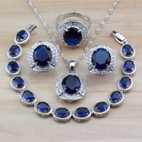 New Trend Bridal Silver Color Oval Natural Stones Blue Jewelry Sets For Women Costume Trinket And Independent Gift Box