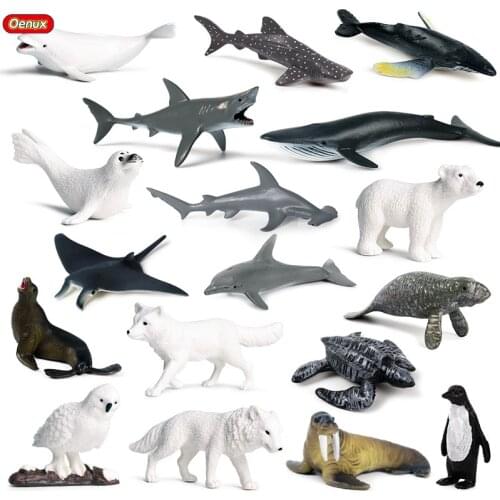 Oenux 18pcs/set Arctic Ocean Dolphin Shark Turtle Ray Wolf Sea Life Animals Model Action Figures Education Miniature Kids Toy