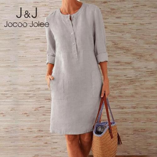 Jocoo Jolee Vintage Straight Dress Long Sleeve Oversized Mini Dress Women Casual Soild Long Sleeve Cotton and Linen Tunic Dress