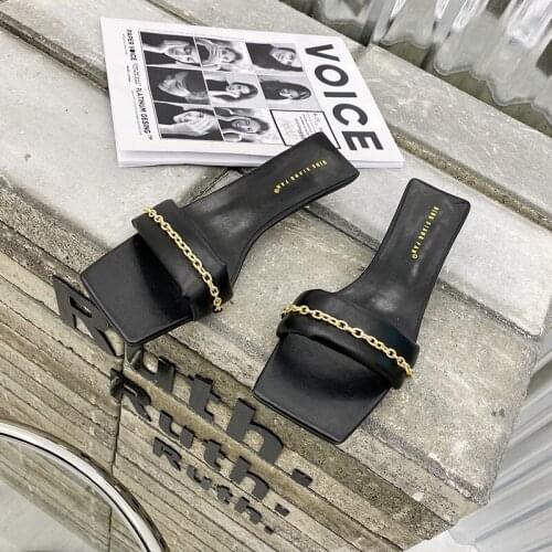 Beach Casual Slip On Mules Slides Shoes Popular 2021 New Design Metal Chain Decoration Women High Heels Slippers Summer Outdoor