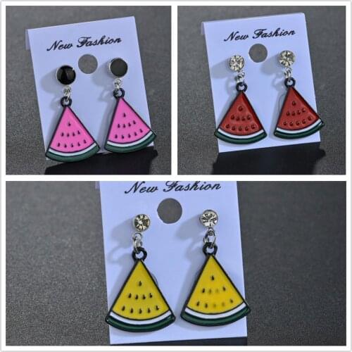 Watermelon Earrings Cute Fruit Drop Earrings Crystal Pink Yellow Red Sector Ear Stud Earrings Jewelry