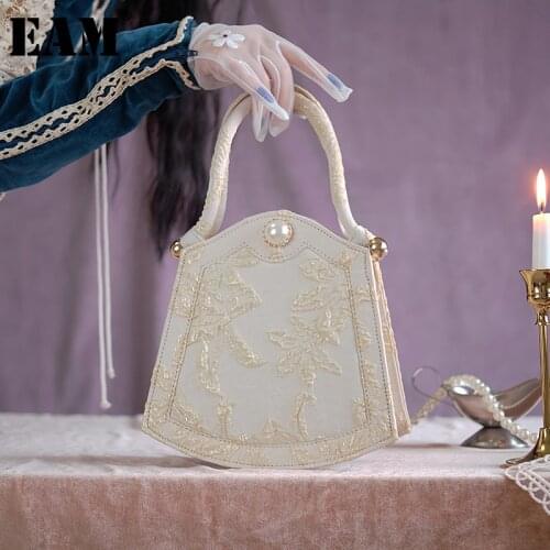 [EAM] Women New Beige Vintage Leaf Print Pearl Temperament Flap Personality All-match Top-handle Bag Fashion 2021 18A0404