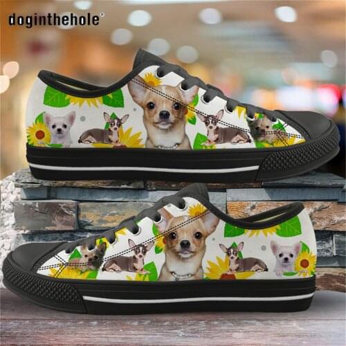 Doginthehole Chihuahua Sunflower Patterns Female Shoes Autumn Women Flats Shoes Casual Lace Up Shoes for Girls femma Canvas Shoe