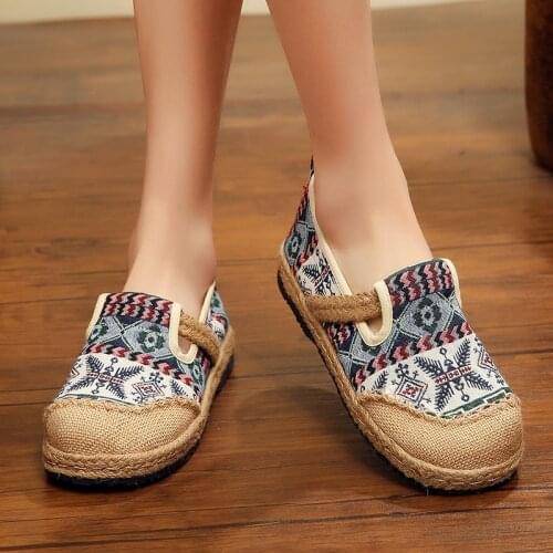 Johnature 2020 New Handmade Spring/autumn Retro Round Toe Breathable Sewing Shallow Woman Flat Linen cotton shoes Fisherman