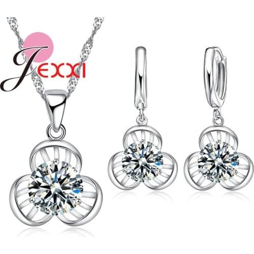 Romantic Wedding Accessories Clear Cubic Flower Pendant Necklace Earrings Women 925 Sterling Silver Bridal Jewerly