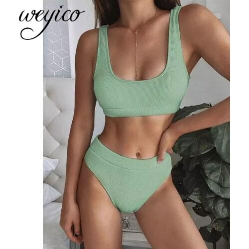 Women Swimwear Sexy Bikini Set Solid High Waist Beachwear Bather Summer Bathing Suit Female Swimsuit Ribbed Mujer Biquini