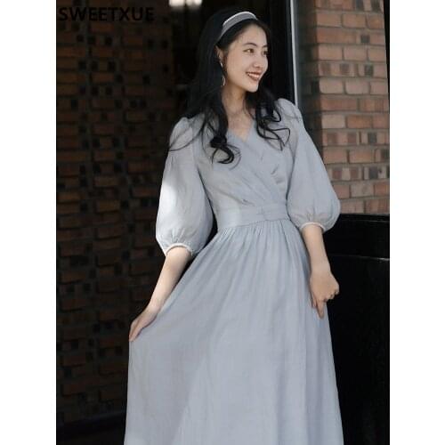SWEETXUE High Quality Retro Elegant 2021 Woman Sexy V-neck Lantern Sleeves Simple Comfortable Long Dress Vestidos