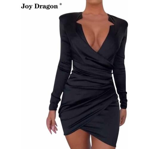Women Bodycon Dress New Fashion Deep V Neck Slim Solid Long Sleeve Mini Dres Casual Vintage Creative Stitching Black Dresses
