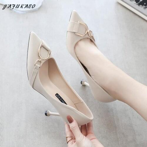 2020 HOT Elegant Metal Buckle Show Thin Womens Pumps Solid PU Leather Pointed Toe Fashion Brand High Heels Women Shoes