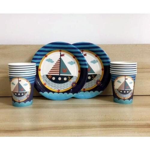 24PCS/set Blue Sailing Boat Theme 12pcs 7inch plates+12pcs paper cups Disposable Tableware Sets For Kids Birthday Party Supply
