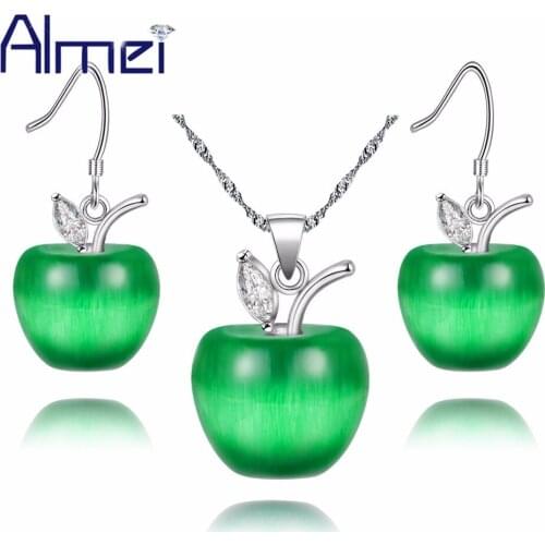 Almei 49% off Pink Crystal Wedding Apple Jewelry Sets Silver Color Necklace Earring Set Women Green White Red Earrings YL007