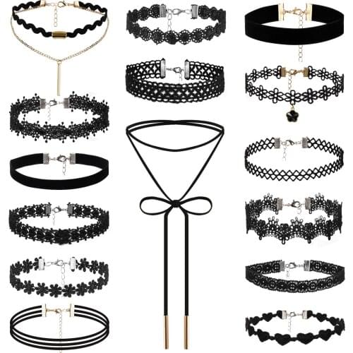BONISKISS 14PCS/SET Gothic Chokers Black Beaded Flowers Sexy Lace Neck Choker Necklace Tassel Chain Women Steampunk Jewelry