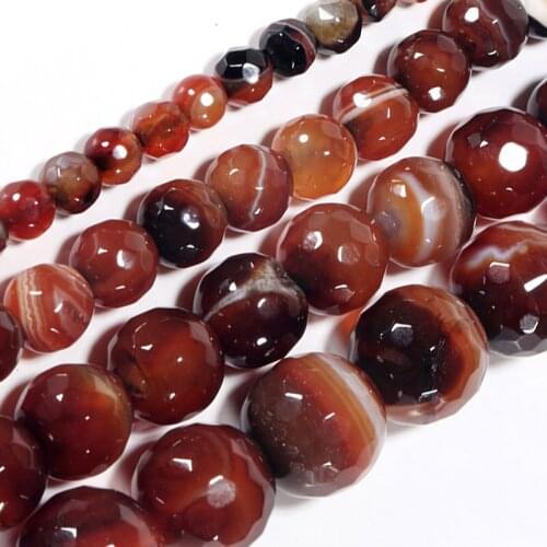 4-14mm Natural Round Faceted Dark Red Brown Banded Agates Stripe Onyx Beads For Jewelry Making Beads 15'' Needlework DIY Beads