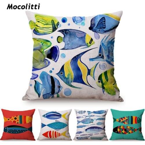Watercolor Fish Cartoon Painting Decorative Sofa Cushion Cover Nordic Ocean Animal Cotton Linen Home Decoration Pillow Case