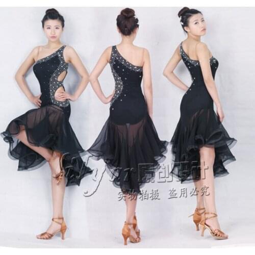 Latin dance dress Black inclined shoulder fishbone sequins rhinestones costume
