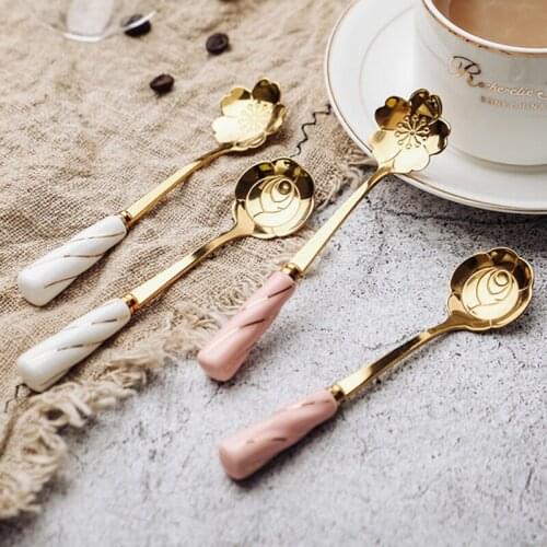 Stainless Steel Tea Coffee Mixing Spoon With Ceramic Handle Flower Shape Dessert Spoon Kitchen Tableware