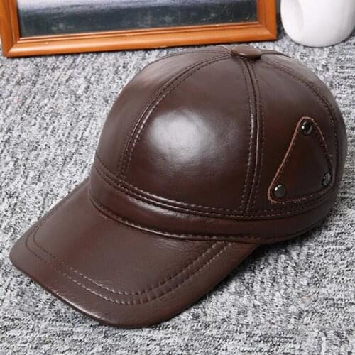 XdanqinX Men Baseball Cap With Ears Genuine Leather Hat Adjustable Size Mens Earmuffs Hats Cowhide Leather Tongue Caps For Men