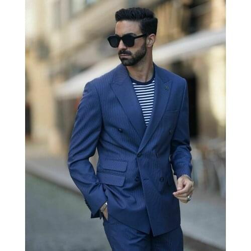 2021 Summer Navy Blue Mens Suits Polyester Blend 2 Piece (Coat+Pants) Costume Homme Formal Double-breasted Blazer