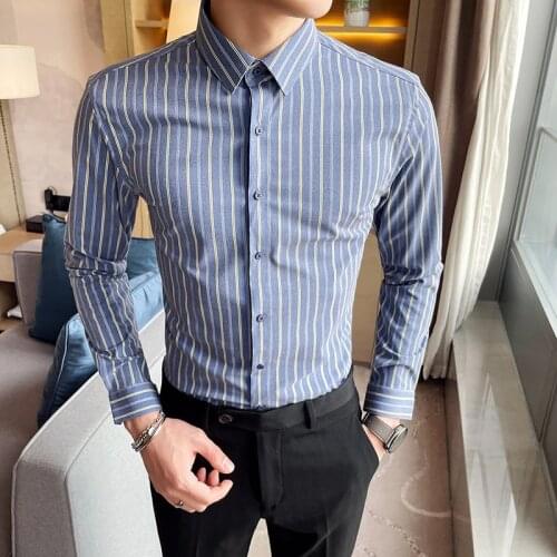2021 new mens high-end brand business casual long-sleeved striped shirt mens fashion slim British style dress button shirt