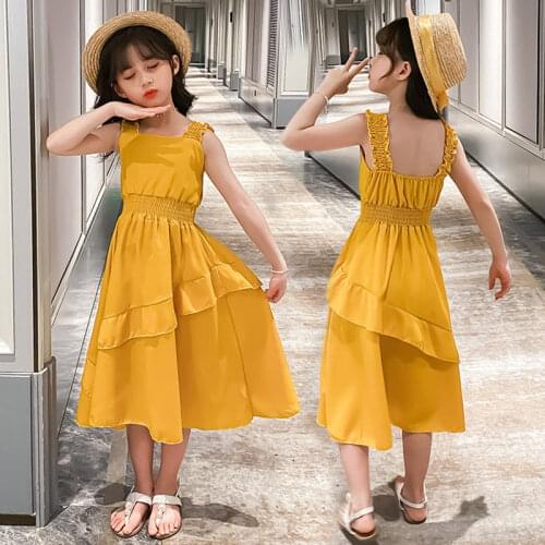 2021 Summer New Fashion Baby Girls Dresses Korean Sweet Style Solid Color Princess Kids Sleeveless Strap Dress Children Clothes