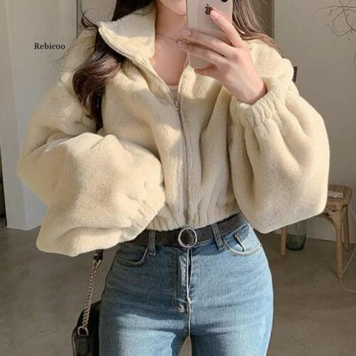 Solid Soft Furry Womens Winter Cropped Jacket Female Coats Fall Turtleneck Warm Faux Fur Collar Long Sleeve Zip-Up Outwear