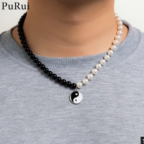 Punk Black White Imitation Pearl Beads Choker Necklace for Men Collier Statement Round Tai Chi Gossip Pendant Necklace Jewelry