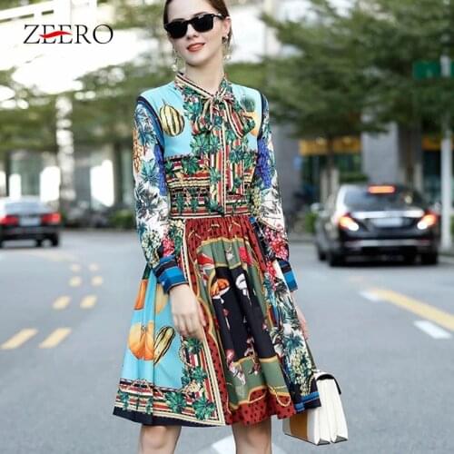 Spring Autumn Female Fruit Vegetable Printing Elastic Waist Midi Dresses Long Lantern Sleeve Buttons Tie A-Line Dress for Women