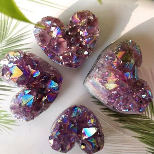 Natural Electroplated Glittering Angel Aura Reiki Amethyst Cluster Rough Purple Crystal Love Heart Decorate Treatment Ornaments