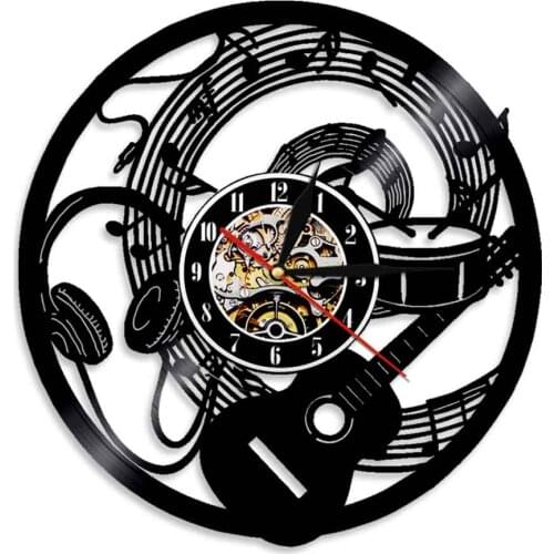Rock Musical Instrument Guitar wall art Vinyl Record Wall Clock Music Notes Wave Headphone Wall Clock Decor For Guitarist Gift