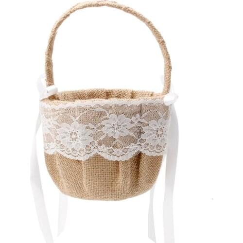 Romantic Bowknot Burlap Satin Wedding Ceremony Party Rose Flower Girl Basket