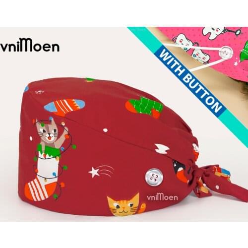Christmas woman work cap with Button and Sweatband Adjustable Tie Back Hat for Women Men medical accessories medical science cap