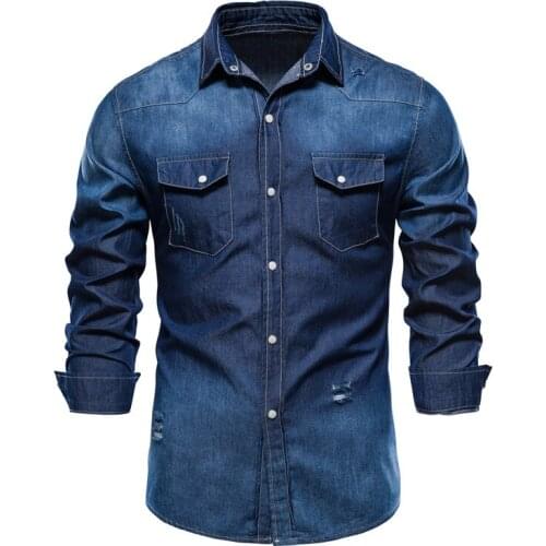 Spring Hole Denim Shirts Men Casual Pocket 100% Cotton Shirt For Men High Quality Long Sleeve Contrast Shirt Mens Clothing Tops