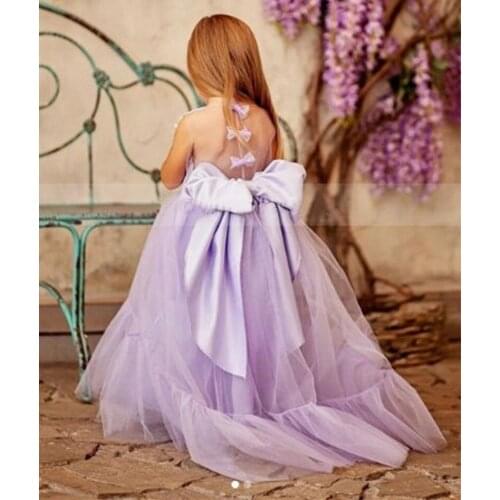 Lilac Satin Tulle Flower Girl Dress With Cute Bows Child Party Pageant Gown Princess Birthday Dress