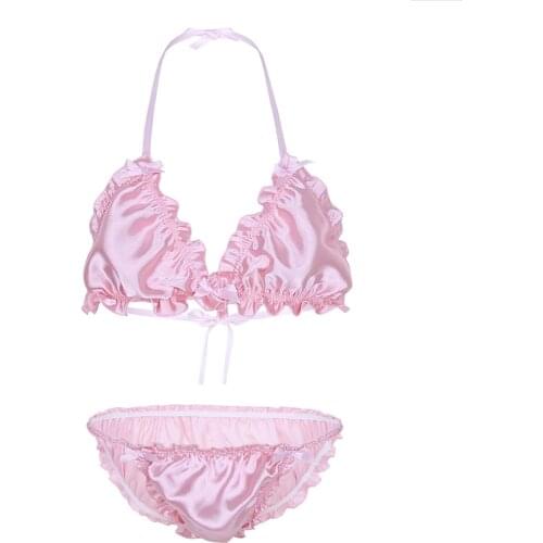 Sissy Mens Ruffled Bra Top and Panties Exotic Frilly Shiny Lingerie Set Halter Self Tie Bikini Bra Top with Briefs Underwear