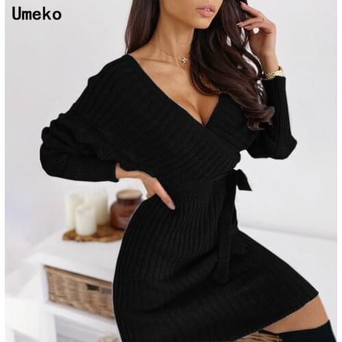 Umeko 2020 Autumn Winter Sweater Womens New Style Fashion Long Multi-color Warm Sweater V-neck Elegant Lace Lady Sweater Sale