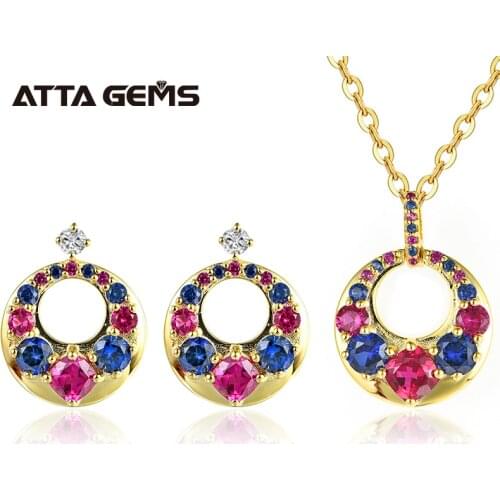 Blue Sapphire Sterling Silver Jewelry Set Yellow Gold Plated Created Ruby Sapphire Luxury Jewelry Birthday Christmas Gifts