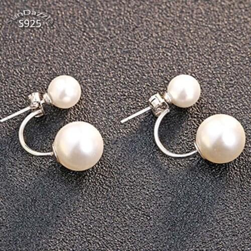 Double Sided Shell Pearl Genuine Real Pure Solid 925 Sterling Silver Stud Earrings for Women Korean Jewelry Female Earrings Gift