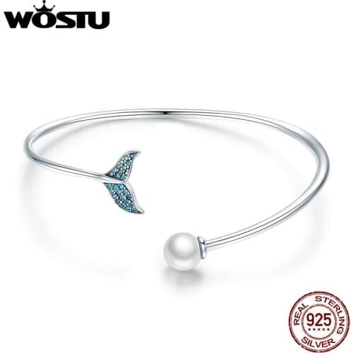 WOSTU High Quality 925 Sterling Silver Mermaids Tear Pearls Bracelets Open Size Friendship Bracelets For Women Jewelry CQB123