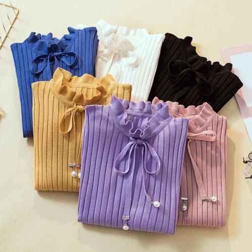 2019 Autumn Winter Women Sweater and Pullovers Casual Knitted Sweaters Slim Long Sleeve Ruffle Jumper Pull Femme Clothing M80