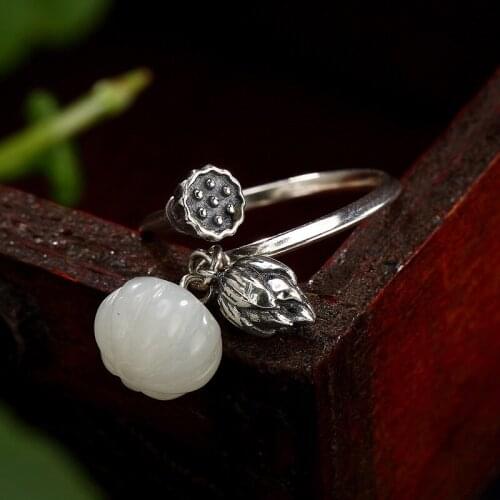 Hot Sale S925 Pure Silver Hetian Jade White Jade Lotus Lotus Open Style Restoring Ancient Ways Joker Wholesale Silver Ring