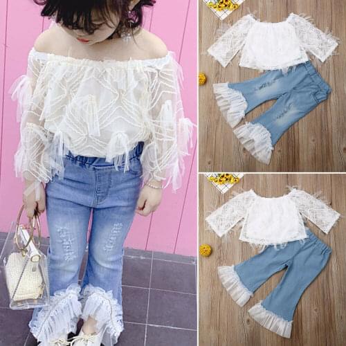 2PCS Fashion Girls Outfits Clothes Set Toddler Kid Baby Girl Summer Set Lace T Shirt Tops Ripped Flare Pants