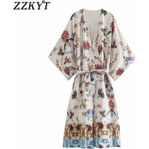 ZZKYT 2021 Women Summer Fashion Floral Print Long Blouses Vintage V-Neck Short Sleeve Bow Tie Sashes Female Shirts Casual Tops