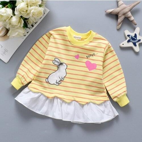 Kids Clothes Girls Long Sleeves Autumn Tops Striped Rabbit Cartoon Printed Ruffle Splicing Lovely T-shirt Children Outfits 1-4Y