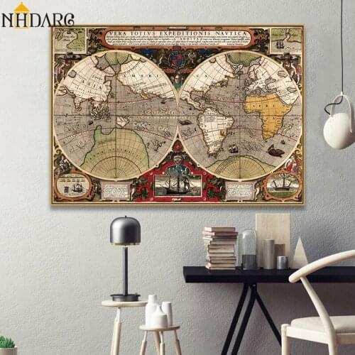 Ancient Map Retro and Nostalgic World Map Posters and Prints Canvas Painting Art Wall Pictures for Living Room Home Decor Cuadro