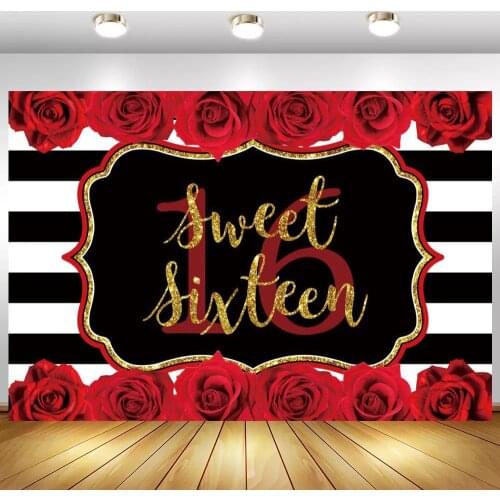Red Rose Black White Striped Lines Sweet 16 Photo Background Girl Princess Birthday Backdrops Photography Customize Name Age